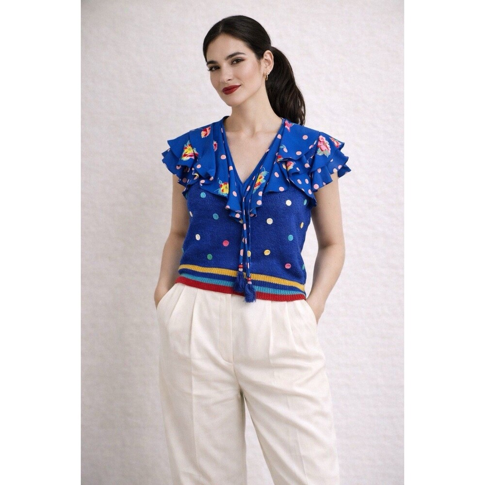 Vintage Diane Freis Marisa Christina Blue Knit Top Ruffle Floral Polka Dot M